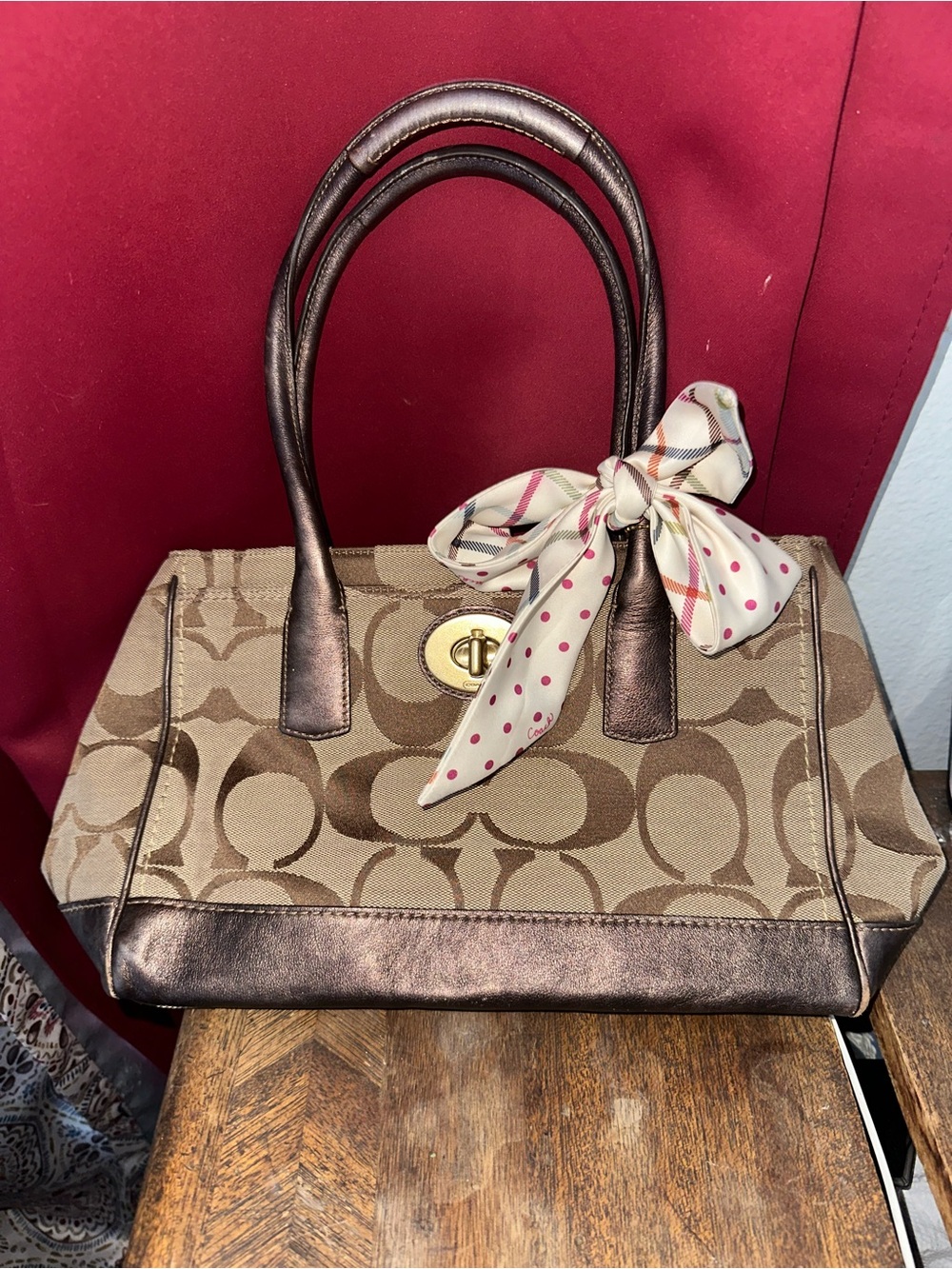 Coach Signature Canvas Satchel with Metallic Bronze Leather and Polka Dot Scarf